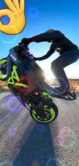 Stunt rider performing on a bike in the desert under blue skies.