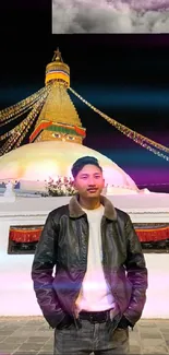 Majestic stupa under night sky with colorful flags and serene ambiance.