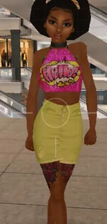 A stylish 3D character in a mall setting wearing vibrant fashion.