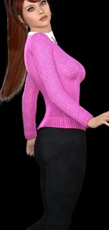 3D rendered woman in pink sweater on black background.