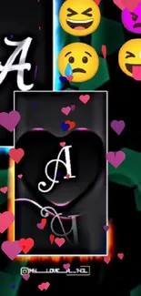 Letter A heart wallpaper with colorful accents and emojis.