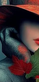 Abstract art of a woman in a hat with red lips, leaves and a dark background.