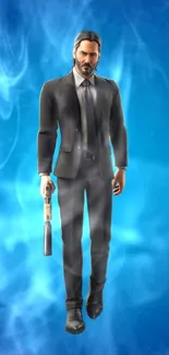 Action game character in suit on blue background.