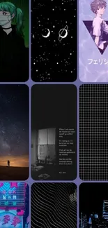 Collage of aesthetic phone wallpapers featuring anime, cityscape, and cosmic themes.