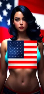 American flag wallpaper featuring a stylish woman with patriotic colors.