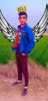 Stylish person with wings in a green field.