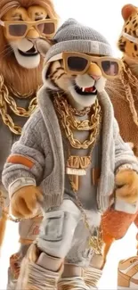 Fashionable animated animal trio with trendy outfits.