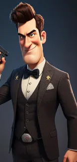 Animated agent in a suit holding a pistol against a dark gray background.