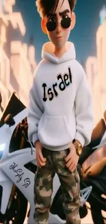 Stylish animated character with motorcycle.