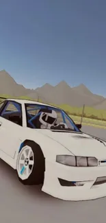 Animated white car with mountains in background.