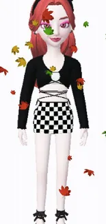 Animated character with black and white fashion, red hair, and stylish design.