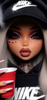 Stylish animated character in bold black attire with a red cup and striking makeup.