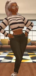 Stylish animated character in modern living room.