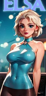 Stylish animated character with teal outfit on a blurred background.