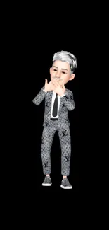 Animated character in stylish suit on black background.