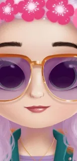 Cartoon girl with purple sunglasses and floral crown.