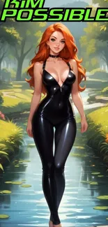 Animated character in sleek black outfit, walking through a lush green forest.