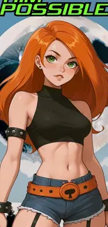 Animated character with orange hair against celestial backdrop.