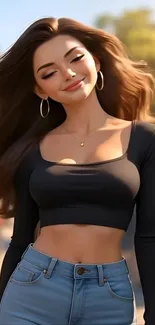 Stylish animated character with flowing hair.