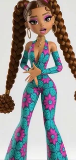 Animated character with floral outfit, braided hair.