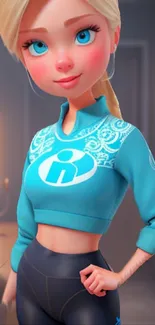 Animated character with blue outfit and blonde hair in a stylish pose.