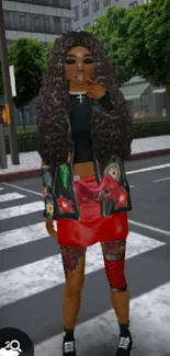 Animated girl in city setting with stylish attire.