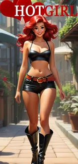 Stylish animated girl with red hair walking down a sunny street.