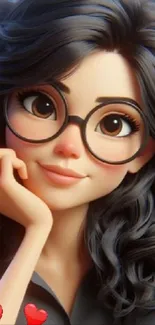 Animated girl with black hair and glasses, vibrant digital art.