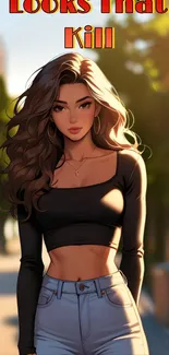 Stylish animated girl in fashionable attire on a vibrant mobile wallpaper.