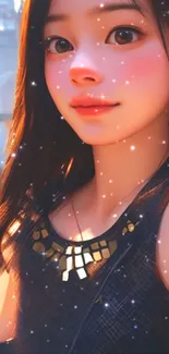 Animated girl portrait with sparkling effects on a mobile wallpaper.