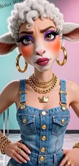 Stylish animated sheep wearing denim and gold jewelry.