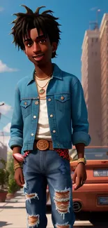 Animated character in denim on a vibrant street scene.