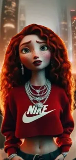 Animated character in a cityscape at night with red hair and stylish attire.