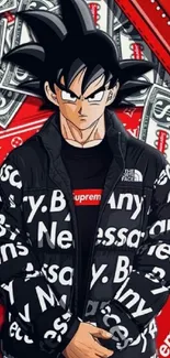 Anime character in stylish street fashion on a red background with dollar motifs.