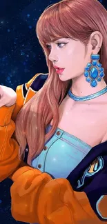 Stylish anime character in orange with a starry navy blue backdrop.