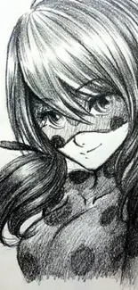 Black and white anime style art of a girl with hearts.