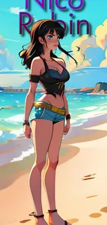 Anime character at vibrant beach in colorful style.