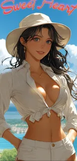 Anime girl in stylish beach attire with hat under blue sky.