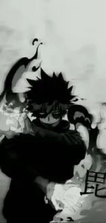 Anime character with black flames on grayscale wallpaper.