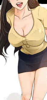 Anime character in yellow top and black skirt.