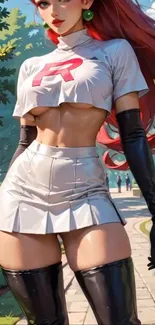 Anime character in stylish outfit in outdoor setting.