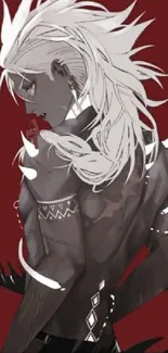 Anime-inspired character with white hair on a burgundy background.