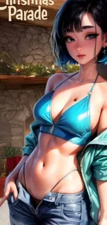 Anime character in teal bikini with a stylish, modern artistic flair.