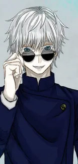 Anime character with silver hair and sunglasses against a blue background.