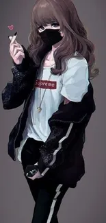 Anime girl in streetwear with mask holding a phone.