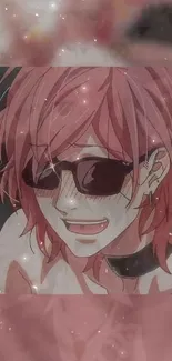 Anime character with pink hair, sunglasses, and sparkles in vibrant wallpaper.