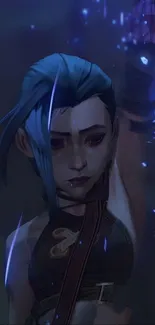 Anime character with blue hair and dark theme background.