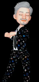 Stylish animated character in vibrant suit on black background.