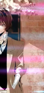 Anime character with pink light effects on brick wall background.