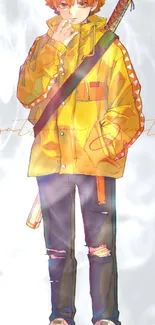 Anime character in a yellow jacket with artistic background.